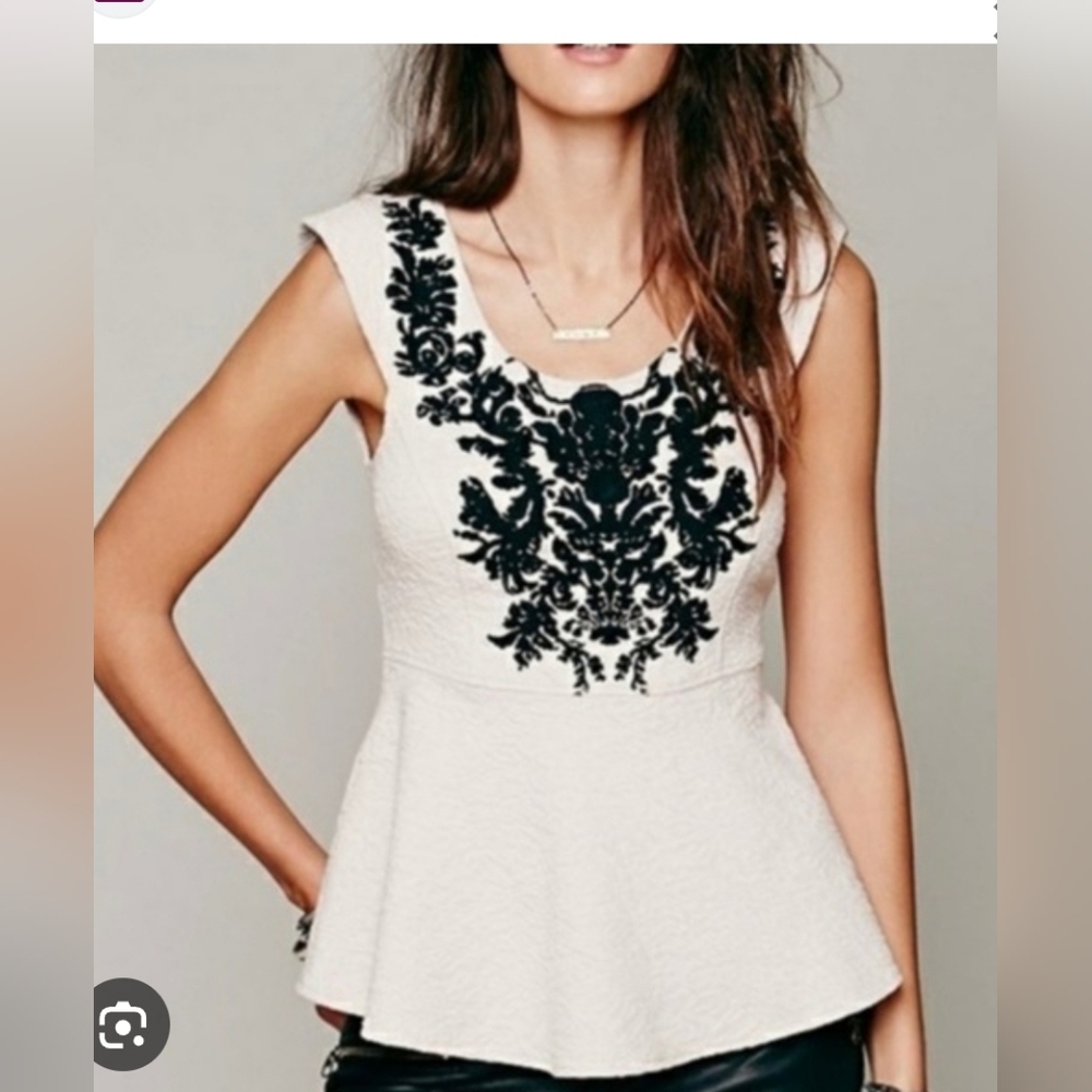 Free People Wallflower Velvet PeplumBlack Embroidered Oatmeal Blouse‎